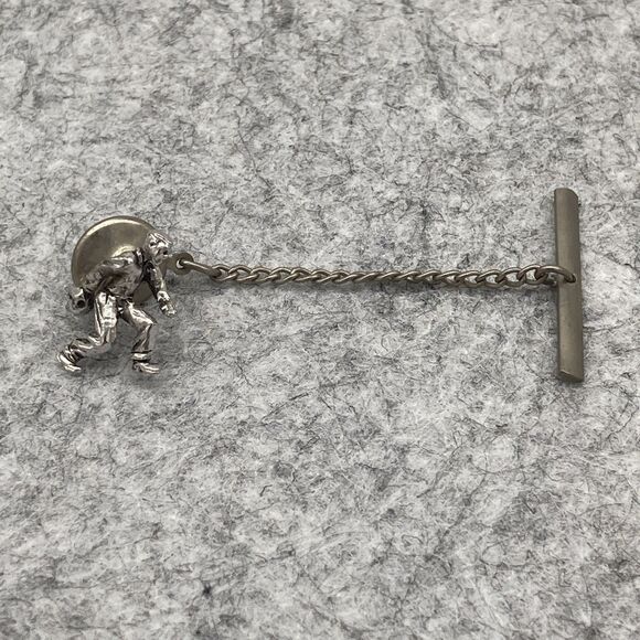 Vintage Silver Tone Bowler Tie Tack and Chain Lapel Pin Bowling Gift - Picture 3 of 5